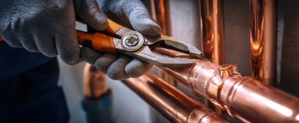 Naklejka premium The Copper Pipes Being Repaired by a Gloved Plumber Using Adjustable Pliers