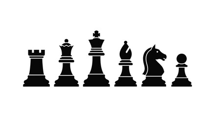 Black chess pieces arranged in a line stark silhouette © MdGolam