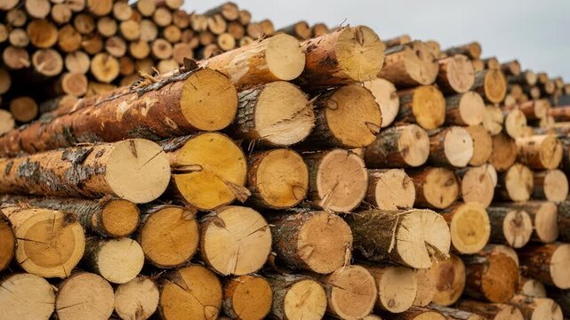Closeup of mixed species softwood logs carefully sorted by diameter in a log yard emphasizing the diversity in wood types and precise sorting techniques before processing.