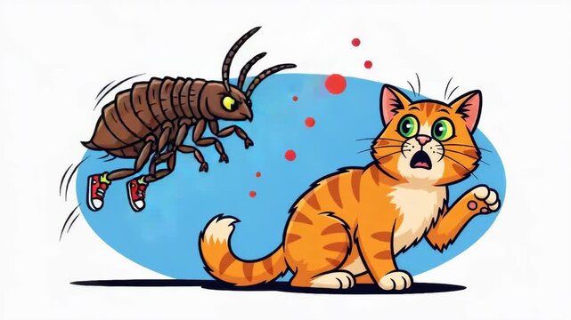 Cartoon cat in fear from cockroach wearing sneakers, an insect pest problem illustration for home disinfection and extermination service.