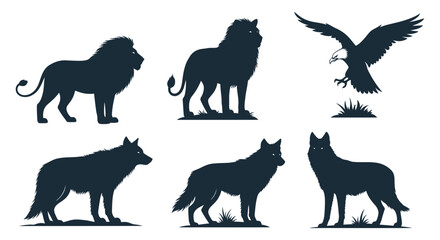Fototapeta premium Collection of animal silhouettes including lions, wolves, and an eagle in various poses on a plain background from different viewpoints.