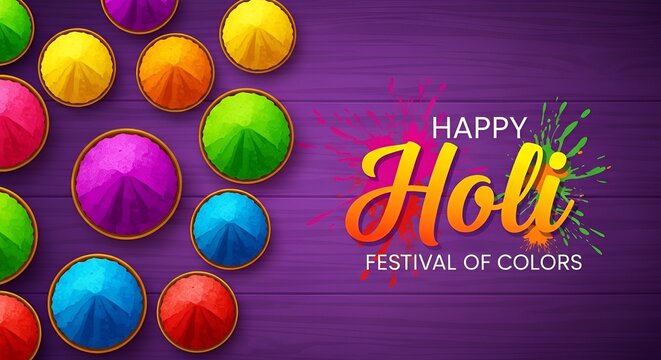 Happy Holi Festival Background with Vibrant Color Splash, Traditional Gulal Powder, and Indian Cultural Elements Vector Illustration
