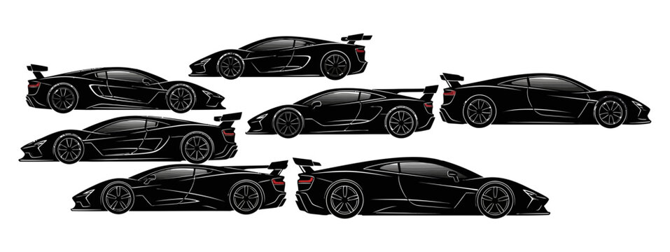 A collection of eight sleek black sports cars displayed in various poses and angles showcasing their designs and styles
