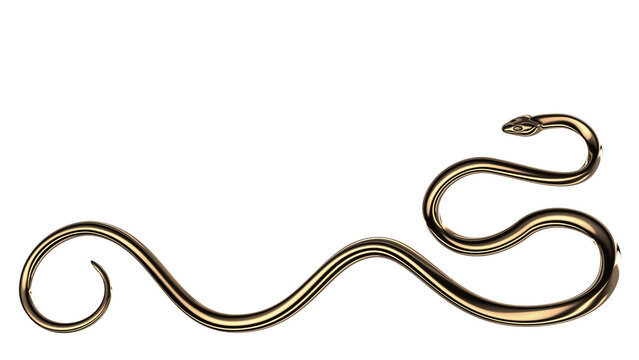 Twisted golden snake long banner background 3D rendering. Gold metal snake jewelry 3D element isolated