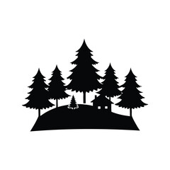 Obraz premium christmas tree farm silhouette vector illustration, Silhouette of serene forest with trees and cabin on hilltop, vector illustration