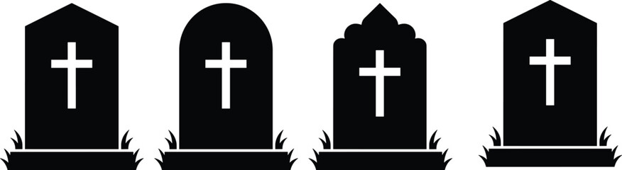 Obraz premium Tombstone Silhouette Collection with Cross Symbols Isolated on White Background for Halloween Cemetery and Memorial Design