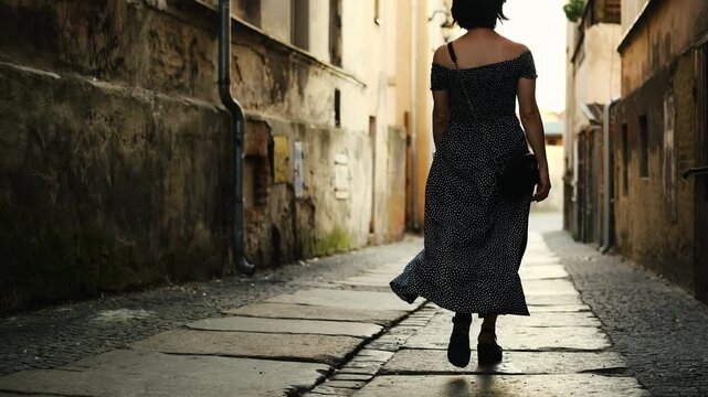 Stylish Young Woman Walks Through The Narrow Historical Streets Of A European City, Seen From The Back