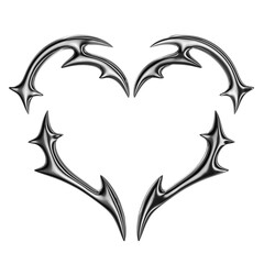 Y2K cyber sigilism chrome metal heart shape 3D Rendering. Futuristic metallic fashion heart 3D element isolated