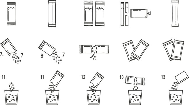 Vector line art icon set showing how to open and pour powder sachets into a glass