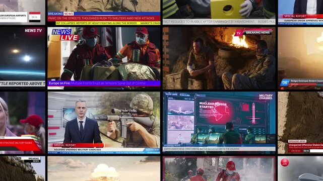 Multi Window Interface Simultaneously Broadcasting Over Dozen News Channels. Modern Individual Finds Themselves Epicenter Endless Stream Breaking News. Concept Visualization of Information Overload.