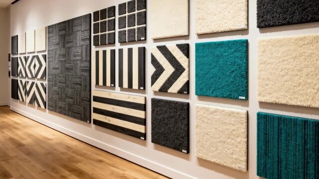 Wide medium shot of a showroom displaying different modular carpeting patterns using squares and planks for versatile decor options.