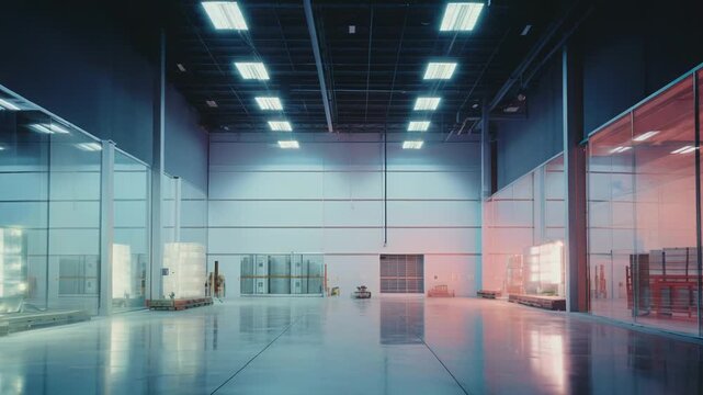 Interior of a wide, empty server room featuring sleek glass walls, advanced data servers, and reflective floors under bright, cool overhead lights, creating a technology environment