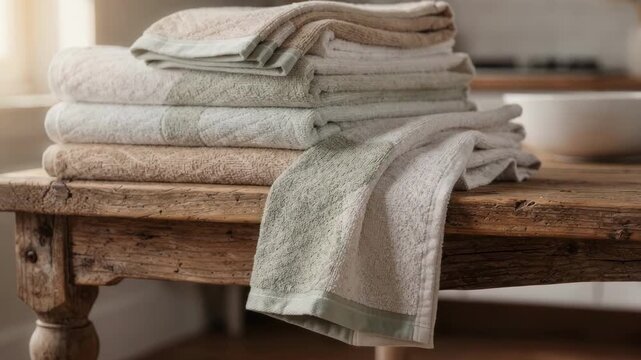 Medium shot showcasing a set of household linens made from compostable plantbased fibers arranged on a rustic wooden table with natural light.