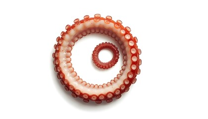 A close-up view of a vibrant red octopus tentacle curled into a spiral shape on a white background