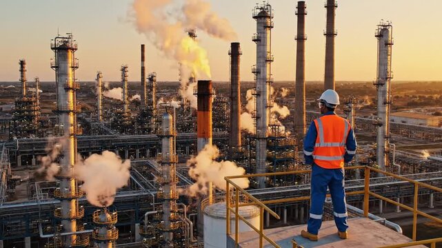 Industrial worker in safety gear at oil refinery during sunset