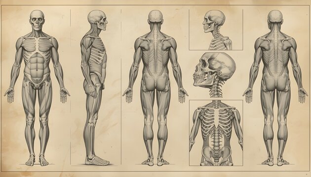 A detailed anatomical illustration of the human body showcasing muscles and skeleton from multiple angles.