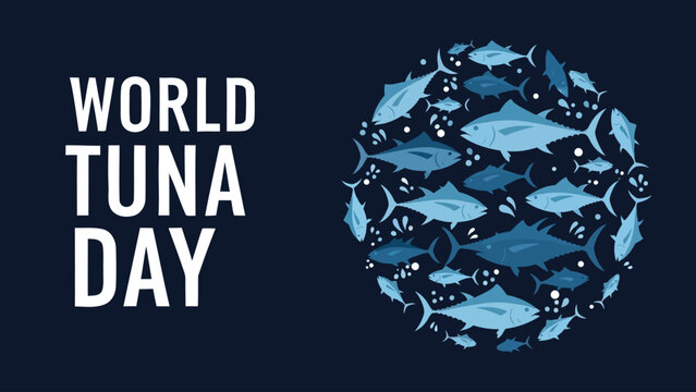 World Tuna Day celebration with a school of blue tuna fish swimming in circle formation
