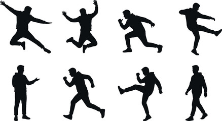 Obraz premium Active Men Silhouette Set with Jumping, Running and Kicking Poses Isolated on White Background for Design Projects