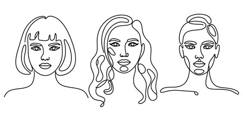 Minimalist line art illustration of three diverse women's faces with different hairstyles