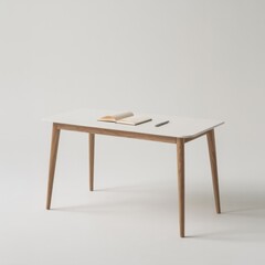 Fototapeta premium Minimalist White Table With Wooden Legs Featuring a Notebook and Pencil On Clean Background