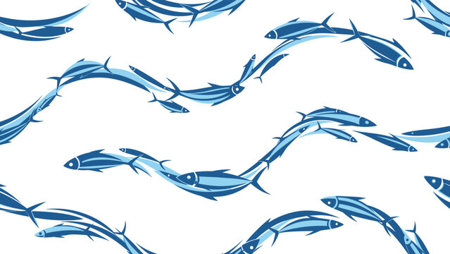 Seamless nautical pattern of blue fish swimming in undulating waves, creating a sense of movement and depth in an oceanic illustration.