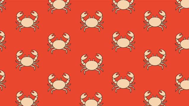 Seamless pattern of small tan crabs arranged in a repeating grid on a bright orange-red background, perfect for nautical and sea themes.