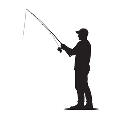 Naklejka premium man in silhouette holding a fishing rod and casting a line into the water