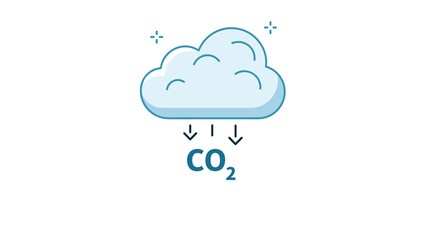 Simple infographic style illustration of a cloud releasing CO2 particles, representing carbon emissions and environmental impact concepts.