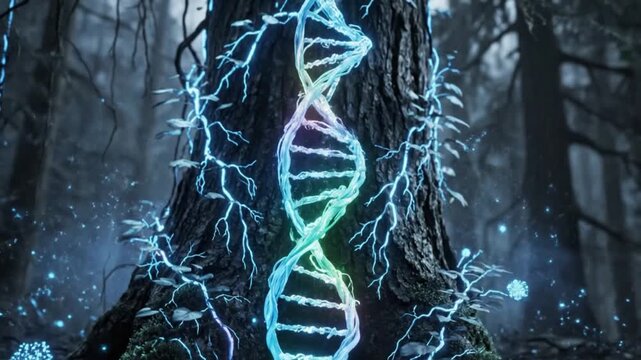 DNA Helix Growing on Ancient Tree in Mystical Forest, Symbolizing Nature's Code