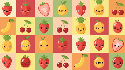 Obraz premium Cheerful grid pattern featuring various colorful fruit characters with cute faces on different colored square backgrounds for kids.
