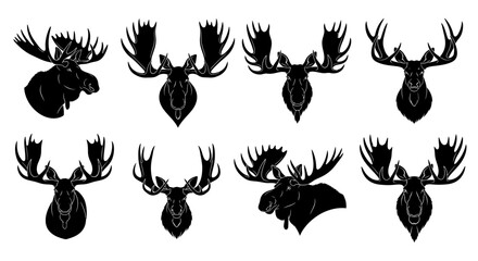 Fototapeta premium Collection of moose head silhouettes in various orientations and antler configurations, showcasing wildlife illustration styles on a clean background