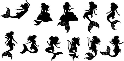 Collections of vector silhouettes of a mermaid
