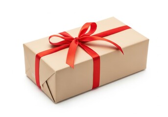 Obraz premium A neatly wrapped gift box tied with a vibrant red ribbon on a plain background