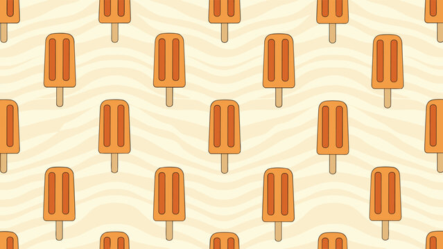 Repeating pattern of orange fruit flavored popsicles on a wavy cream background for refreshing summer treats and dessert themes.