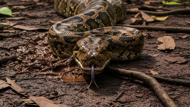 Reticulated Python Coiled on Forest Floor with Tongue Out. Close-up wildlife portrait of a large adult Reticulated Python (Malayopython reticulatus) coiled on muddy tropical rainforest ground