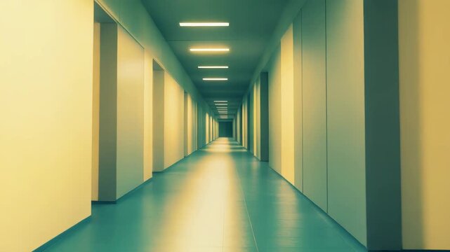 Modern architectural hallway extending into the distance, featuring a tiled floor and geometric wall panels brightly lit by overhead strip lights, creating a strong vanishing point