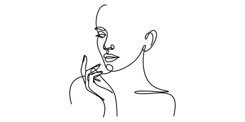 Illustration of minimalist one line drawing of a womans face and hand © Bilas