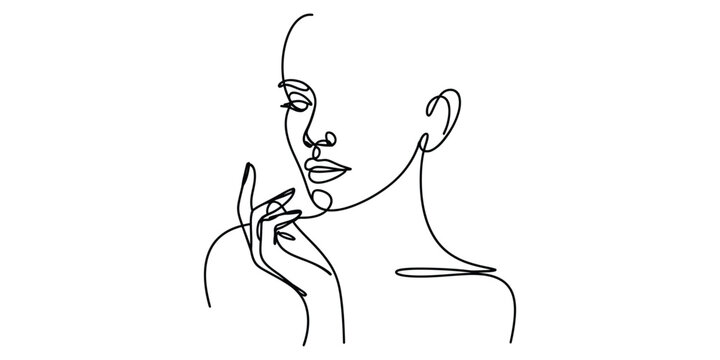 Illustration of minimalist one line drawing of a womans face and hand