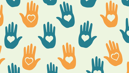 Seamless pattern of blue and orange hand silhouettes containing white hearts on a pale green background for unity themes.