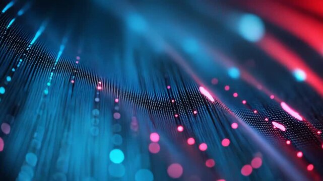 Abstract digital wave moving across a dark background, creating dynamic patterns of glowing blue and pink data points, motion and energy in a modern tech environment