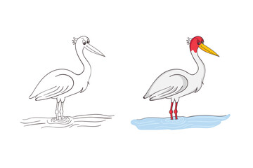 Cute Sarus crane bird standing in water. Set includes a colored cartoon illustration and a black and white line art coloring page. Ideal for kids' education and nature-themed activities