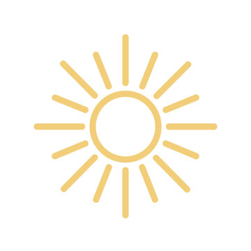 A minimalist yellow sun icon on transparent background with simple rays