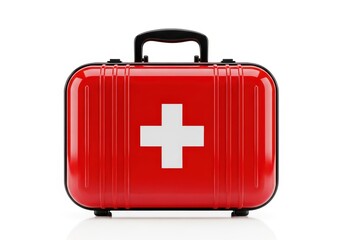 Obraz premium Rectangular red medical container featuring a prominent white cross symbol is isolated against a bright background.