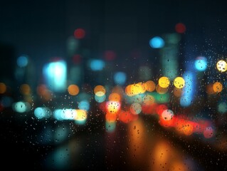 City view with a blurry background and a window with raindrops on it