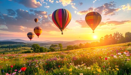 Fototapeta premium Colorful hot air balloons floating above a green landscape during a warm sunrise