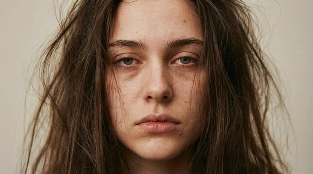 An unkempt young woman with messy brown hair close up isolated on beige background. Haircare, salon treatment, before styling, damaged hair, beauty.