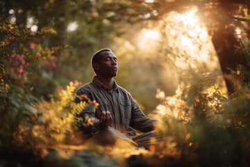 Cinematic portrait of a man meditating in a sunlit forest at golden hour. Concept of mindfulness, mental health and inner balance, ideal for wellness, yoga and lifestyle themes