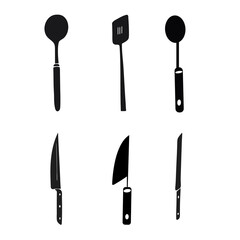 
Vector illustration of an isolated kitchenware tool set featuring black silhouettes of a steel knife, fork, spoon, and cooking equipment icons on a white background