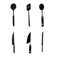 Isolated vector set of black silhouettes of kitchen knives and steel cutlery tools including a spoon and fork icon for restaurant cooking equipment on a white background