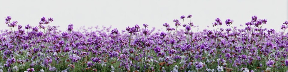 Fototapeta premium A panoramic shot of a field filled with purple flowers, blurred against a bright white sky